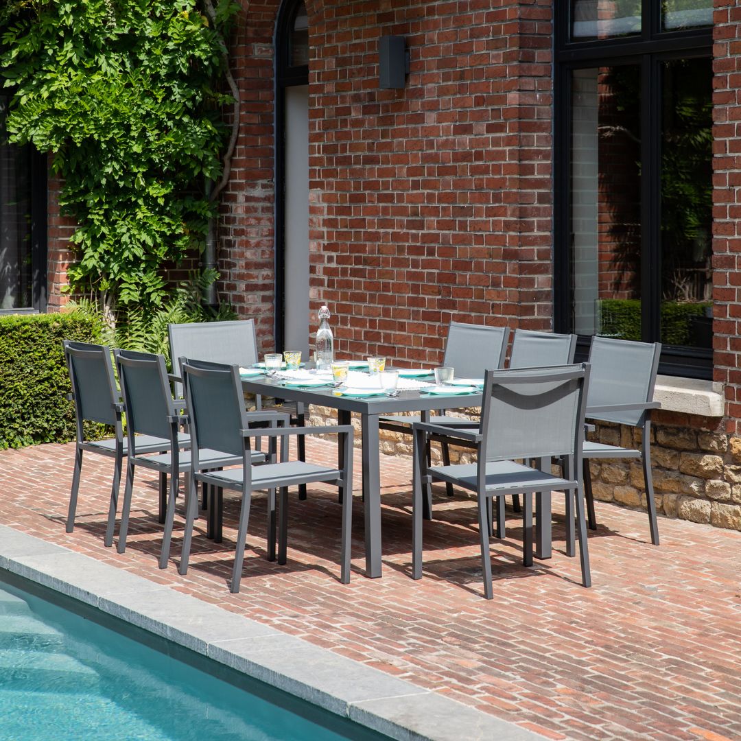Salon De Jardin CAPRI 8 Places En Textilène Gris Et Aluminium Anthracite - Table Extensible, Moderne Et Résistant Aux Intempéries - 4